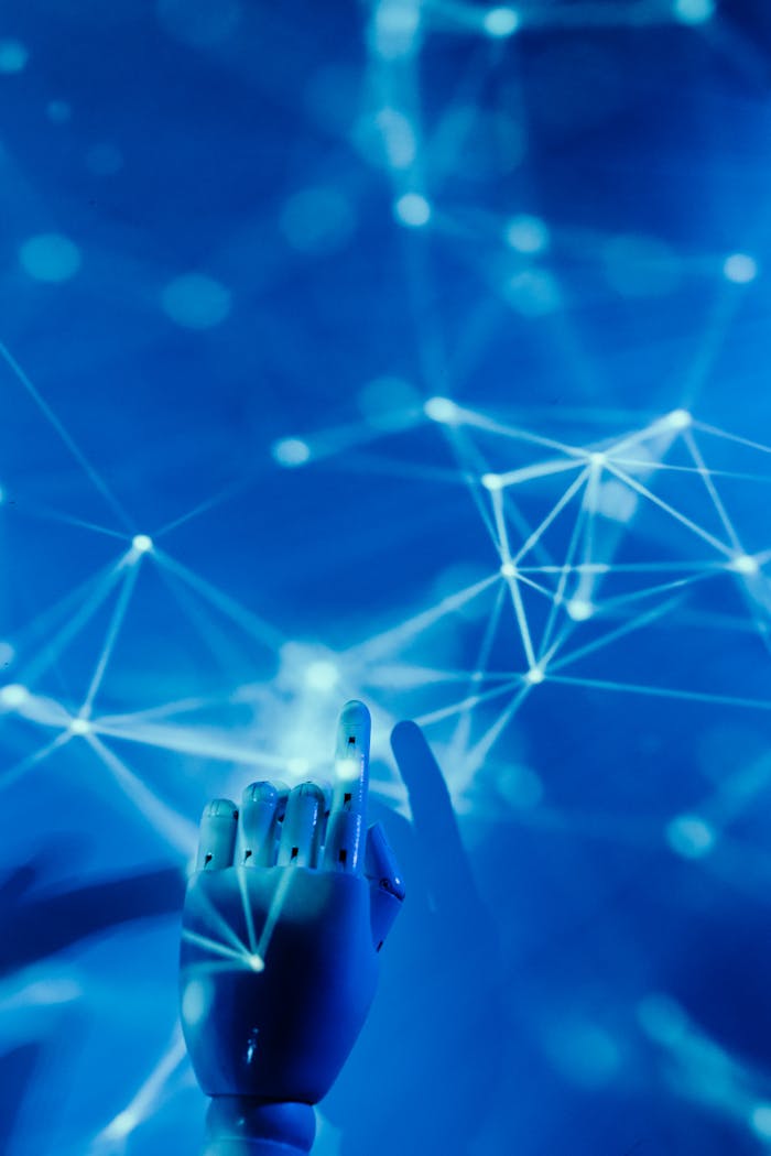 home-services-02 Futuristic robotic hand touching a digital network on a blue background.